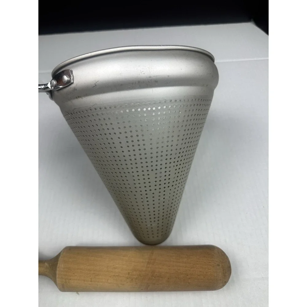 Vintage Ricer Sieve Food Mill Colander Strainer & Wooden Masher Sifter